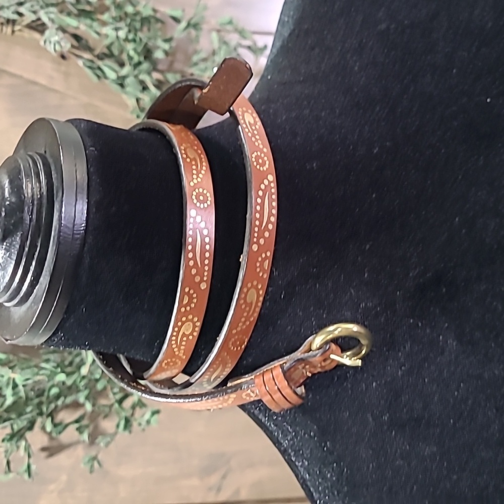Brown Genuine Leather Skinny Belt Gold Paisley Pattern